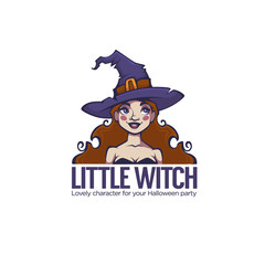 Little Witch, portrait of young attractive witch for your Halloween label, logo, emblem