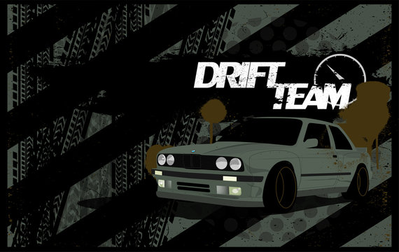 Abstract Car Background in Grunge Style. A Dirty Banner Template With a Car on The Subject of Drift, Racing, Auto Show. Vector Illustration, Auto Grunge Background With Traces of Tires, Treads