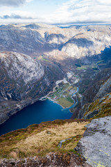 Fototapeta na wymiar Lysebotn at Lysefjord Kjerag hiking mountains fall