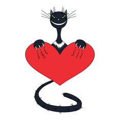 cat with heart. color illustration with the image of a cat that scratches the heart