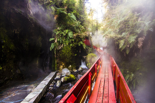 The amazing "Termas Geometricas" hot springs waters, an awesome place for relaxing, wellness and have a healthy session swimming in their pools in the middle of the nature. Just relax. Pucon, Chile