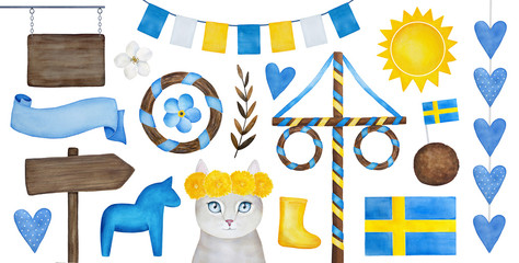 Midsummer Holiday Celebration Collection of different traditional elements, signs, ornaments, bunting and decorations for design. Hand drawn watercolour drawing on white background, cut out clip art.