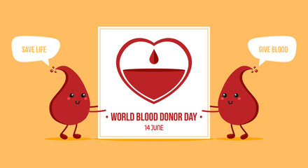 Couple of cute blood drop characters holding card for World Blood Donor Day. Vector illustration, banner, header.