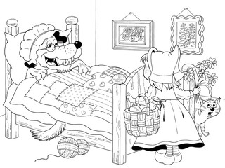 Obraz premium Little Red Riding Hood. Fairy tale. Coloring page. Cute and funny cartoon characters