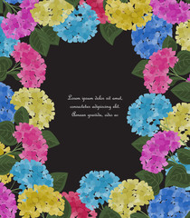Vector illustration of hydrangea flower. Background with floral decorations
