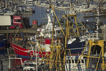 Fototapeta na wymiar Colourful fishing trawlers at Brixham in Devon
