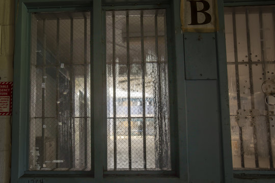 View from inside guard station to prison cellblock
