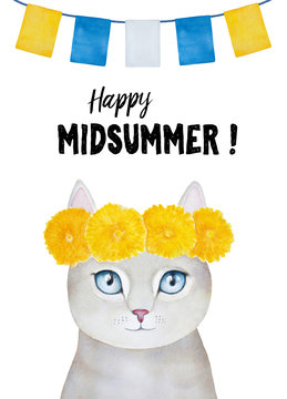 Decorative greeting card template for Midsummer Feast celebration (Saint John's Day, Ivan Kupala, Jonines, St. Jonas) with English inscription. Hand painted watercolour graphic illustration on white.