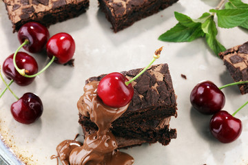 homemade chocolate brownies on rustic table. brownie bakery.