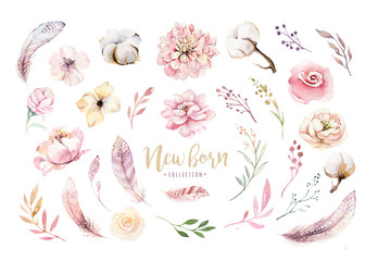 Watercolor boho floral wreath with cotton and peonies . Bohemian natural frame: leaves, feathers, flowers, Isolated on white background. peony decoration illustration. Save the date, weddign design - obrazy, fototapety, plakaty