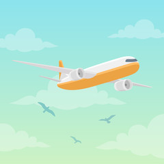 Airplane vector illustration. Plane flying in the sky. Flat style image