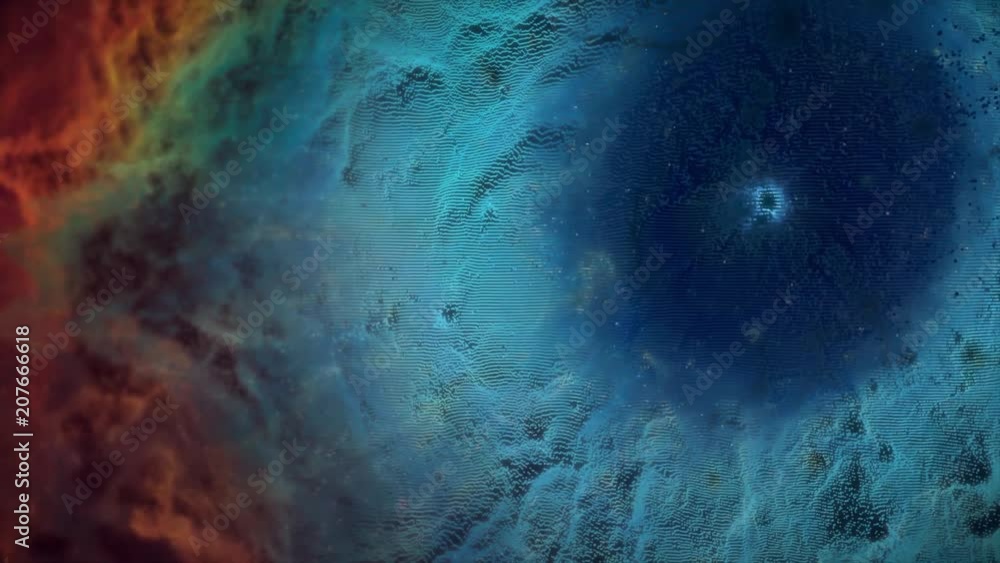 Poster animation of space flight through red and blue nebula. fly through outer space nebula and stars