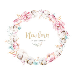 Watercolor boho floral wreath with cotton. Bohemian natural frame: leaves, feathers, flowers, Isolated on white background. Artistic decoration illustration. Save the date, weddign design
