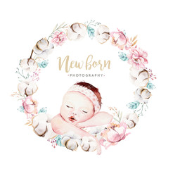 Cute newborn watercolor baby. New born child illustration girl and boy painting. Baby shower isolated birthday painting card.