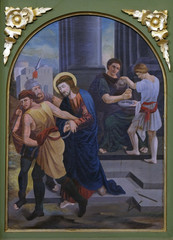 Fototapeta na wymiar 1st Stations of the Cross, Jesus is condemned to death, church of Saint Matthew in Stitar, Croatia