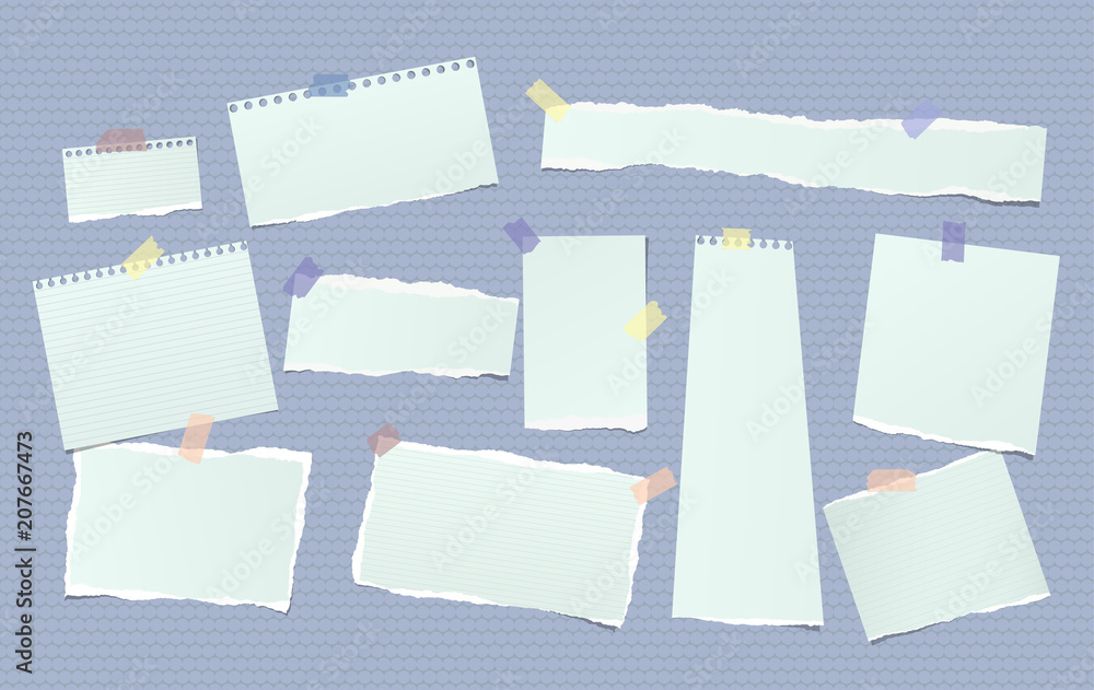 Aufkleber torn blue note, notebook paper pieces for text stuck with sticky tape on circles pattern. vector ill