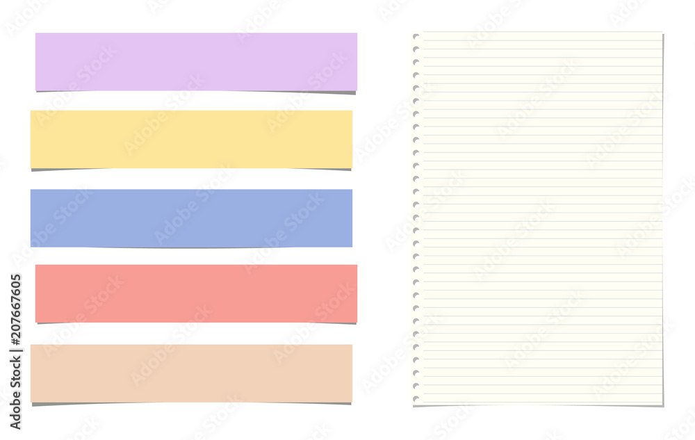 Poster lined colorful note, notebook paper strips for text stuck on white background. vector illustration.