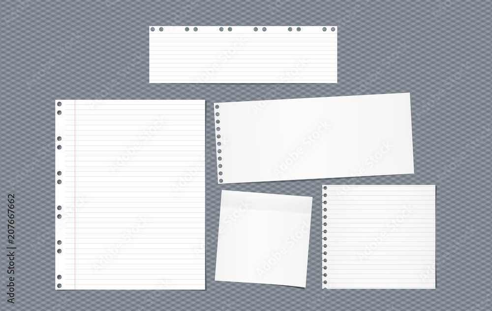 Poster lined note, notebook paper strips for text stuck with sticky tape on squared brown background. vecto