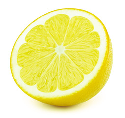 Perfectly retouched sliced half of lemon fruit isolated on the white background with clipping path. One of the best isolated lemons slices that you have seen.
