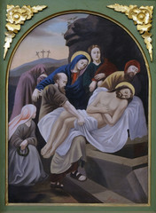 14th Stations of the Cross, Jesus is laid in the tomb and covered in incense, church of Saint...