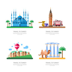 Fototapeta premium Travel to Turkey design elements. Istanbul blue mosque, Cappadocia, Galata tower vector isolated illustration