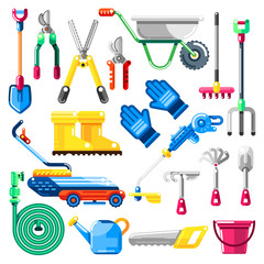 Gardening and farming tools and equipment, vector icons set. Agriculture illustrations