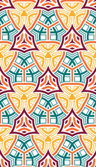 Seamless pattern of purple, orange, teal, white, and yellow shades