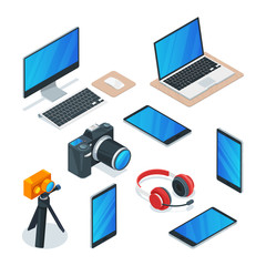 Modern gadgets, multimedia, technology and electronics symbols. Vector isometric 3d isolated icons set