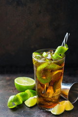 Cuba libre alcohol cocktail drink with rum, cola, ice, lime