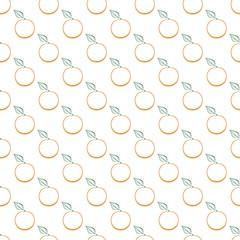 Background with contour of ripe orange with green stem with green end and green leaf in row next to each other and alternately under him on white background. Ripe autumn natural home made fruit 