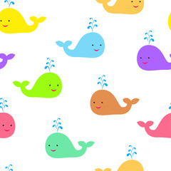 Seamless pattern with cute multi-colored colorful whales on a white background. Suitable for the design of products for children.