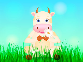 Obraz na płótnie Canvas Happy cartoon cow sitting on the green meadow. Vector illustration
