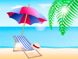Chaise longue with a beach umbrella on the coast. Vector illustration