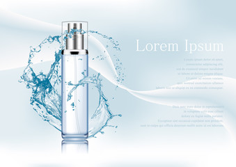 Vector illustration.Empty silver and blue package for cosmetic products with pump, tube for lotion, tonic, cream. Realistic mockup of glass container with batcher.Abstract stylish gradient background.
