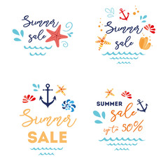 Summer sale shopping logo badge vector set. Store summertime hand drawn sea style logotypes