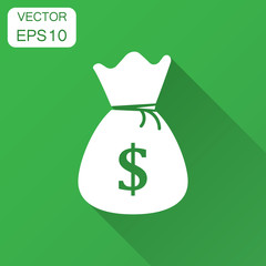 Money bag vector icon in flat style. Moneybag with dollar sign illustration with long shadow. Money cash sack concept.
