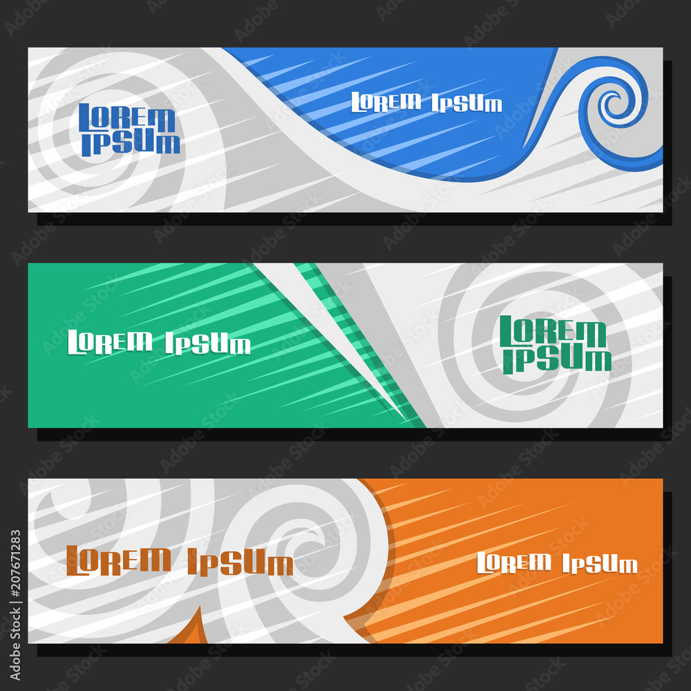 Sticker vector set of horizontal futuristic banners, 3 layouts for website headers with spiral abstract patt