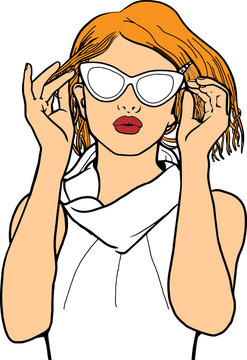 Beautiful young girl wearing sunglasses. Graphic arts. Art. Coloring.