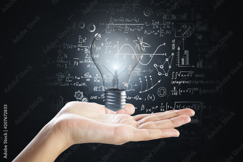 Poster hand holding lamp with formulas