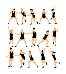 Fitness instructor training vector illustration isolated on white background. Sport training woman, gym and lifestyle concept. Pilates girl. Athlete lady doing exercise. Warming up, workout activity.