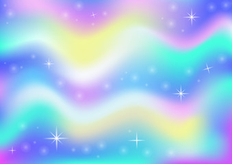 Fairy space magical glow background with rainbow mesh. Multicolor universe banner in princess colors. Fantasy gradient backdrop with hologram. Holographic fairy with magic sparkles and stars