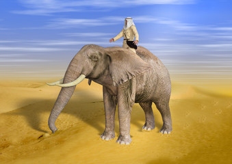 Fototapeta premium 3D Illustration of Desert Adventurer Riding Elephant on Sunny Day