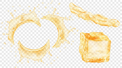 Set of translucent semicircular water splashes with drops, jet of liquid and ice cube in yellow colors, isolated on transparent background. Transparency only in vector format