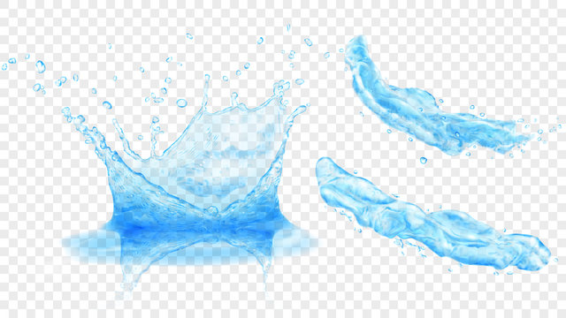 Set of translucent water crown with drops and two splashes or jets in light blue colors, isolated on transparent background. Transparency only in vector format
