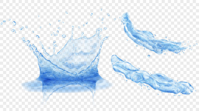 Set of translucent water crown with drops and two splashes or jets in blue colors, isolated on transparent background. Transparency only in vector format