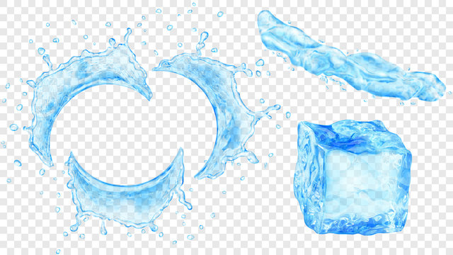Set of translucent semicircular water splashes with drops, jet of liquid and ice cube in light blue colors, isolated on transparent background. Transparency only in vector format