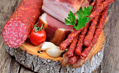 Sausages on a cutting wood board