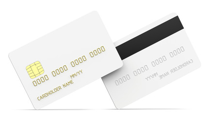 Debit plastic card or credit card, white with gold symbols. 3D render of blank white double-sided template for mock up and presentation design. Isolated on white background