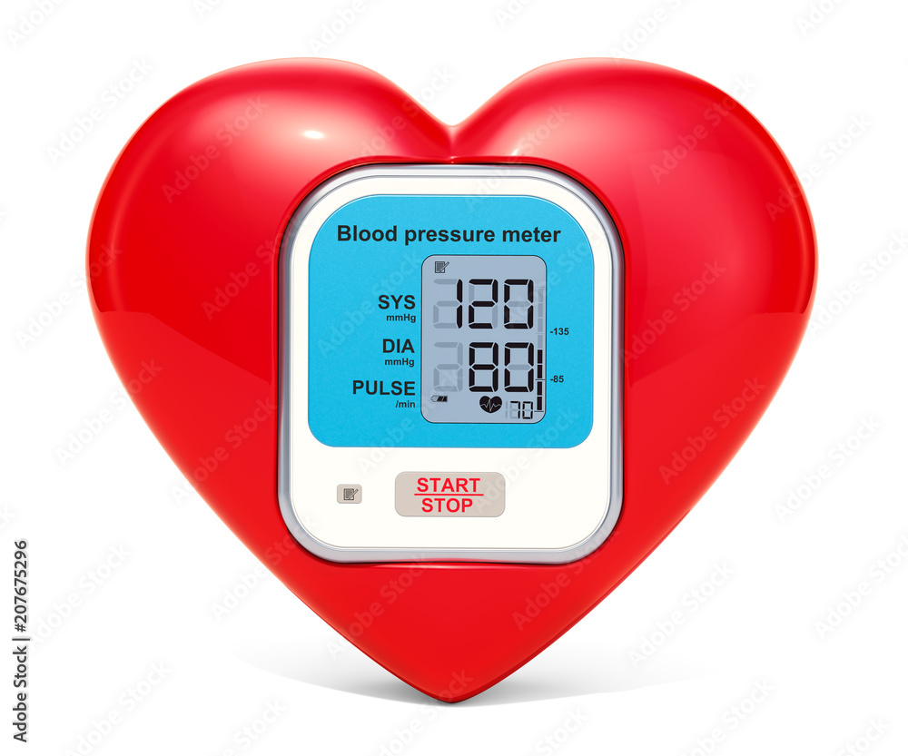 Aufkleber red heart with monitor from sphygmomanometer, 3d rendering