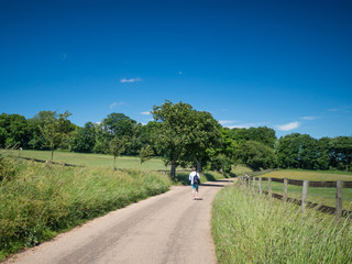 A man walks along a road between green fields beneath a blue sky